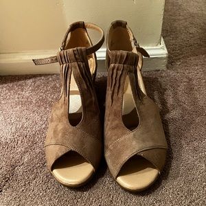 Brand New 2” open toe suede heel/wedge. Size 9.5